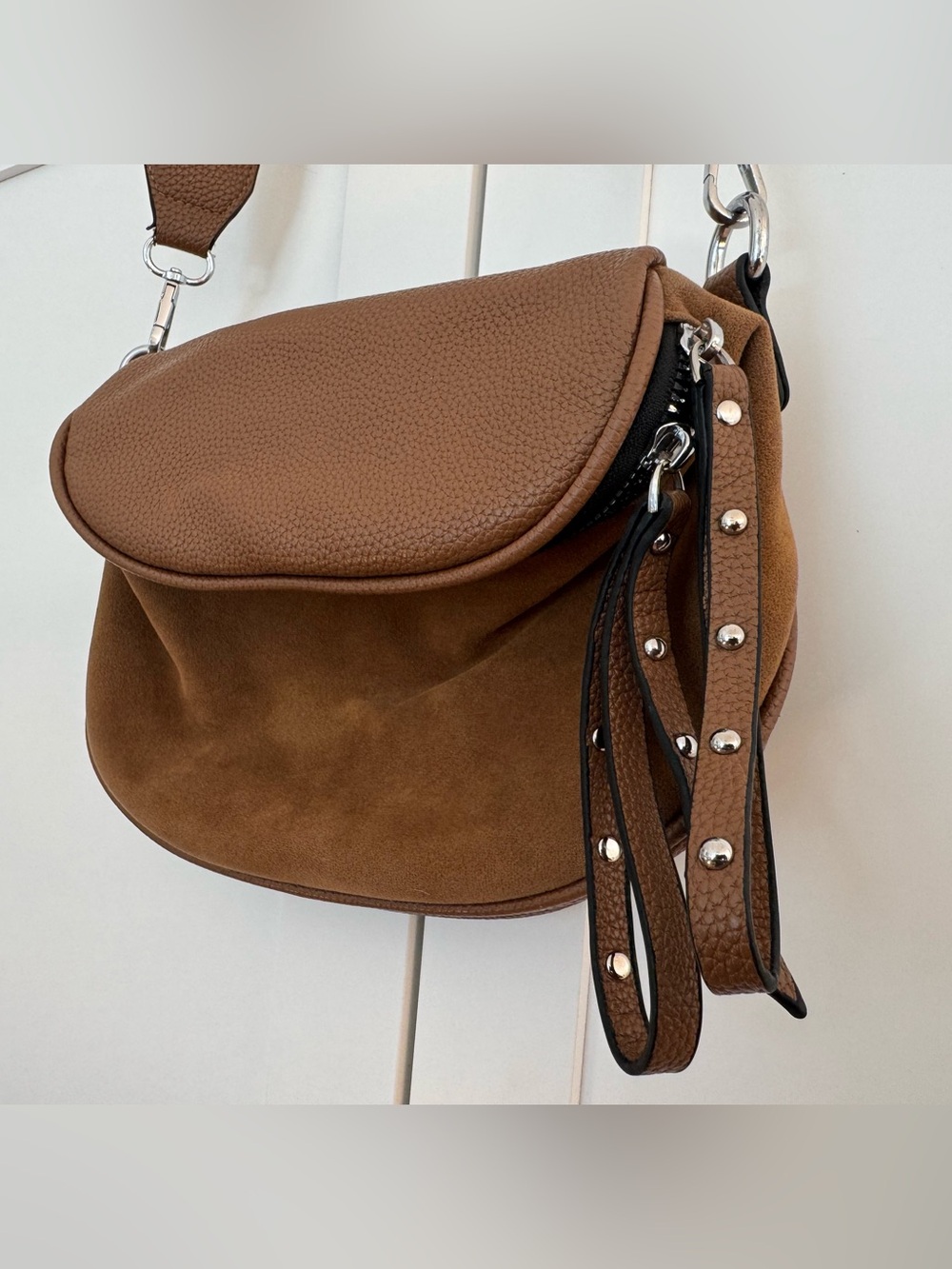 Brown Leather & Suede Crossbody Bum Bag with Black Strap